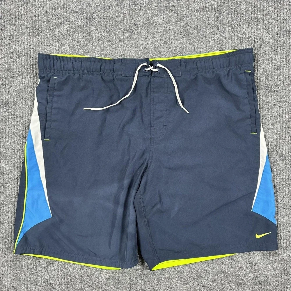 Nike Swim Shorts Mens L Blue Colorblock Board Trunks Drawstring Lined Pockets